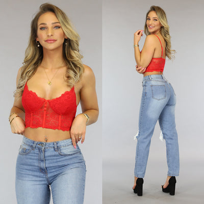 Rode Unpadded Kanten Bralette