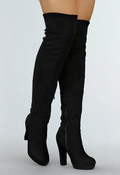 Suède-Look Overknee Laarzen met Hak Zwart