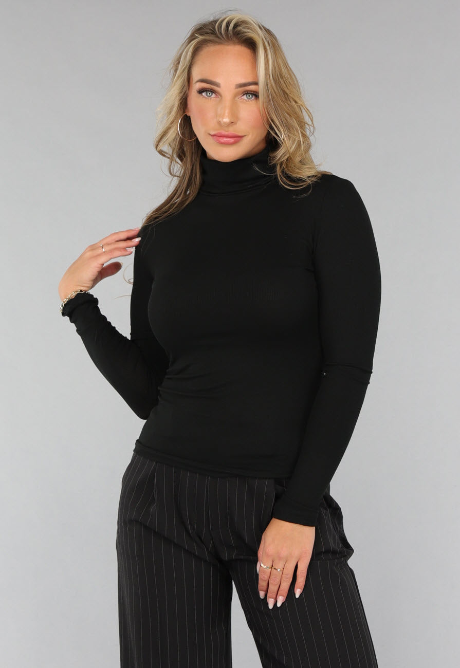 Longsleeve Ribstof Top met Col in Zwart