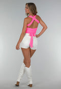 Neon Roze Strakke Top met Strappy Rug Detail