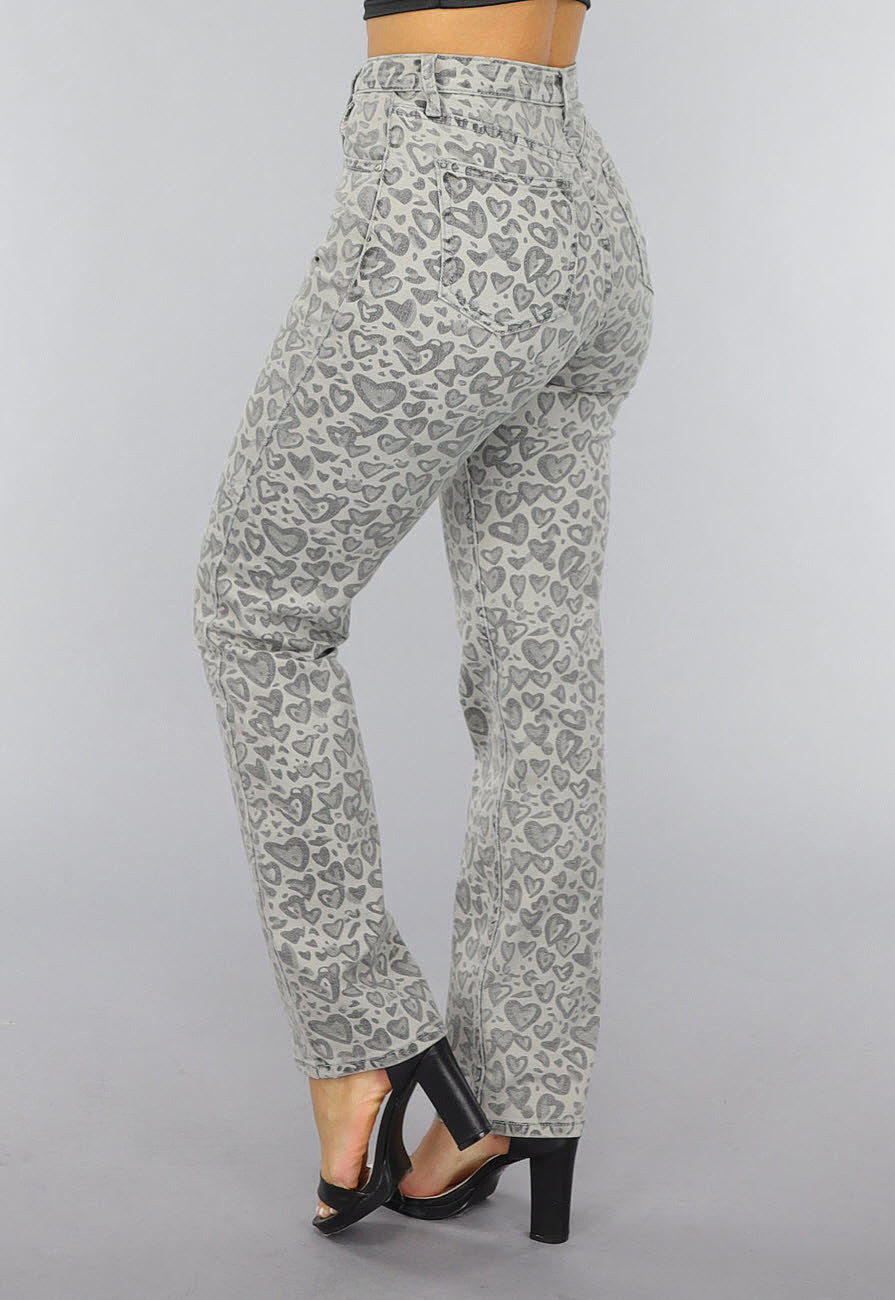 Grijze Straight Leg Hartjes Jeans met Hoge Taille