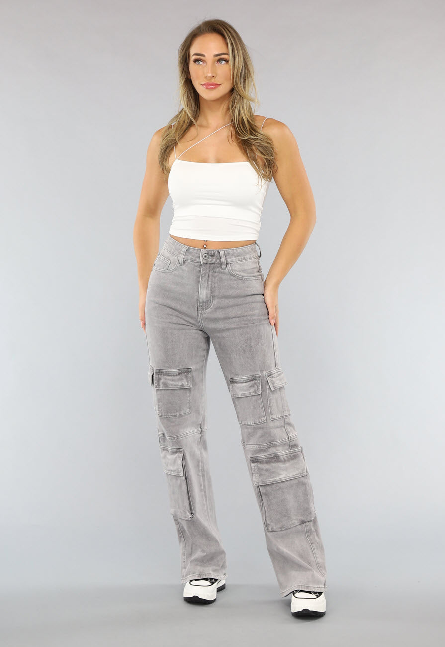 Lichtgrijze Jeans met Hoge Taille en Cargo Zakken
