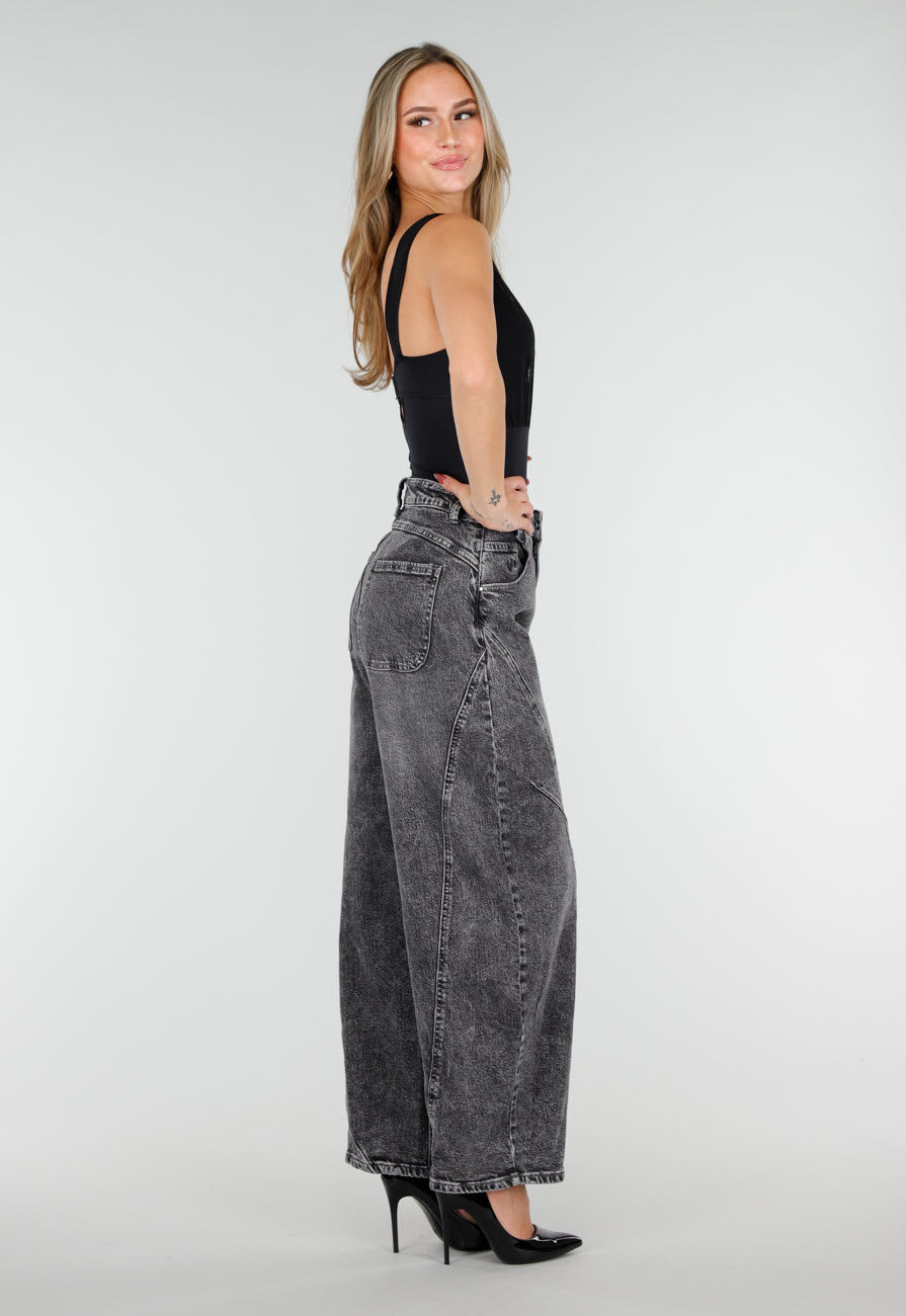 Grijze Barrel Jeans met Stonewashed Look en Hoge Taille