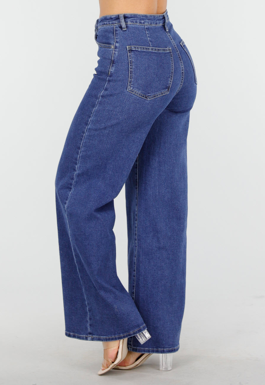 Blauwe Jeans met Hoge Taille en Wijde Rechte Pijpen