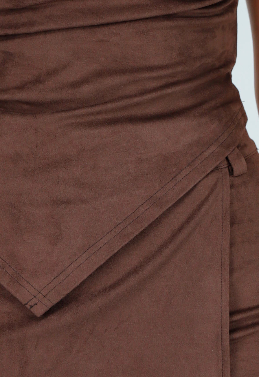 Bruine Strapless Suede Top met Stretch en Plooien