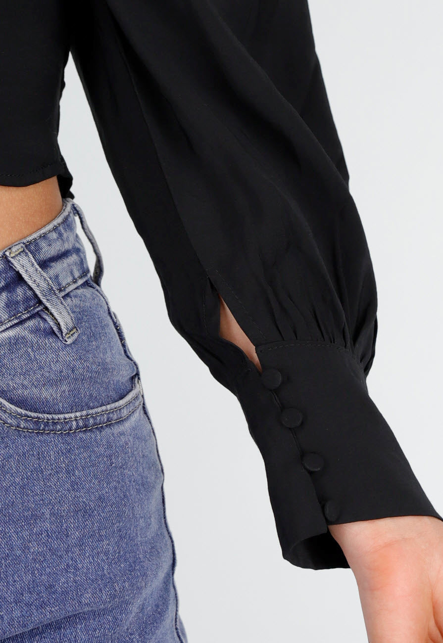 Zwarte Blouse met Lange Pofmouwen en Knopen
