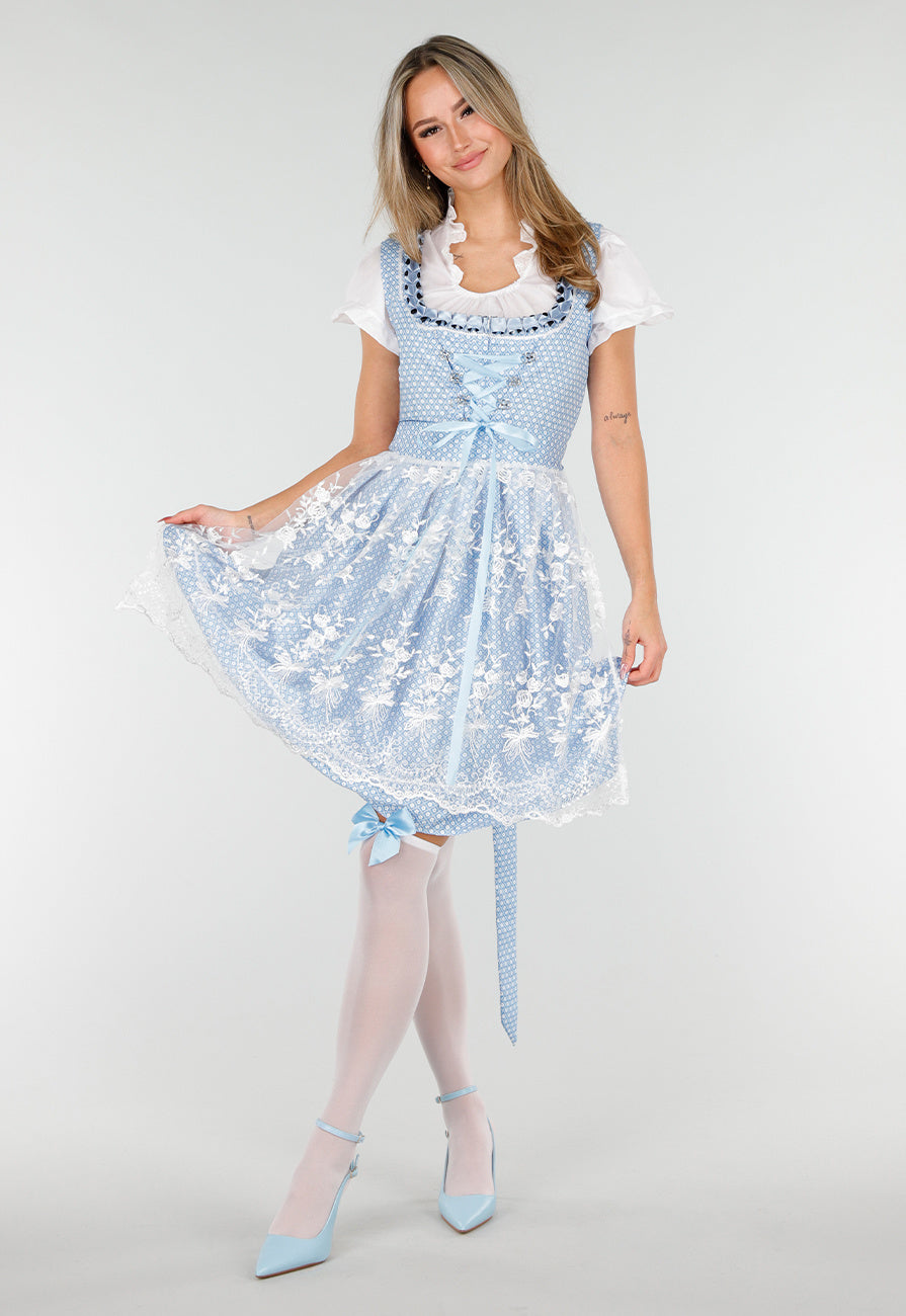 Blauw Oktoberfest Jurkje met Wit Kant en Vetersluiting