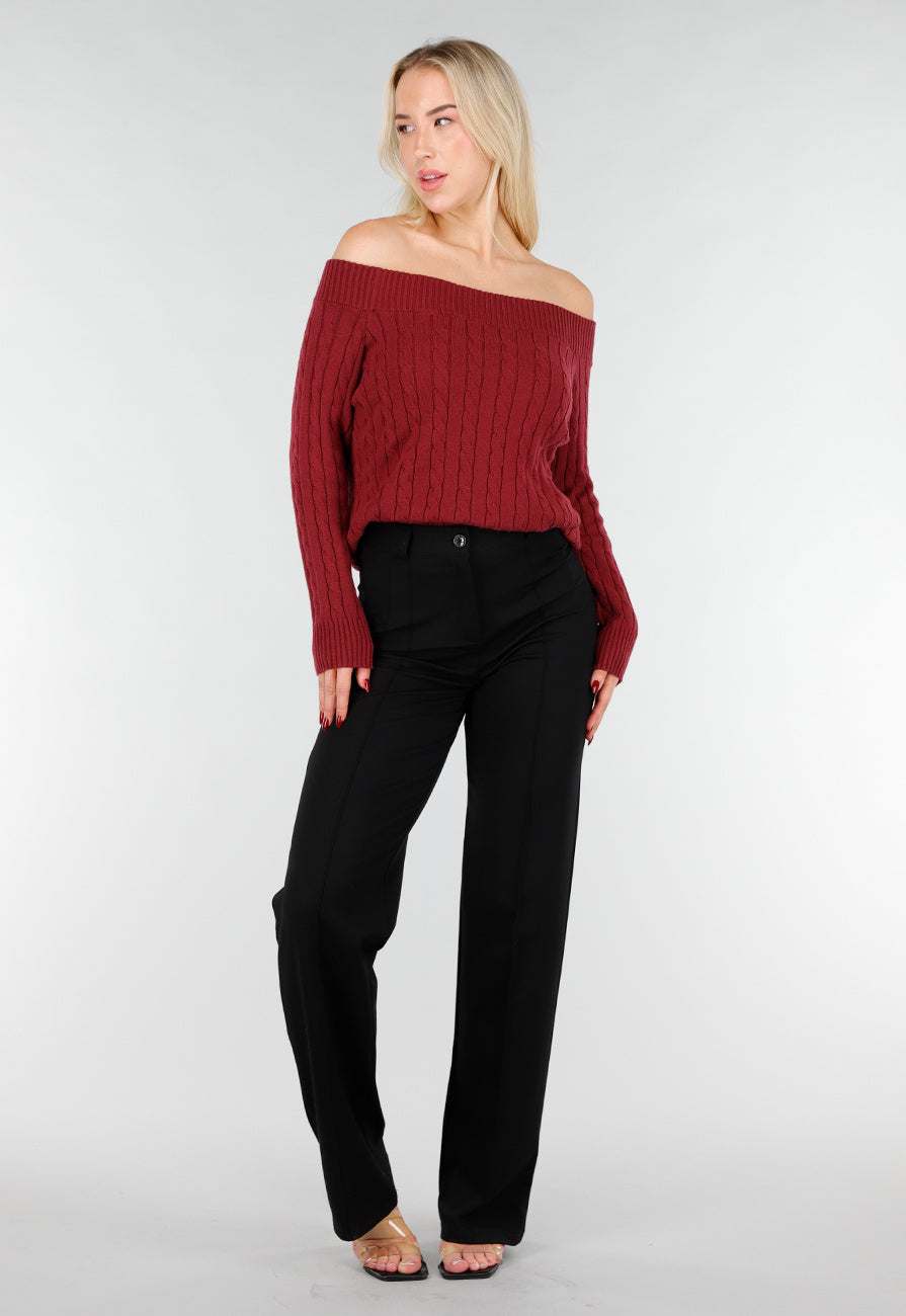 Donkerroze Off Shoulder Trui met Kabelpatroon en Brede Halsrand