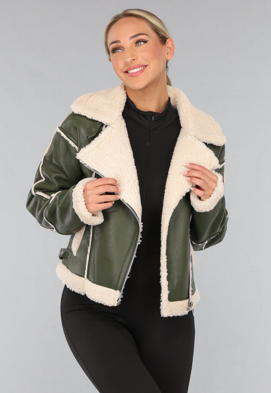 Groene Lederlook Lammy Coat met Gesp Details