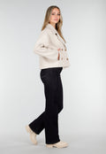 Beige Wollook Jas met Dubbele Rij Knopen en Brede Reverskraag