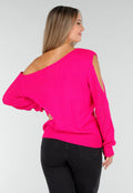 Fuchsia Gebreide Trui met Cut Out en Off Shoulder
