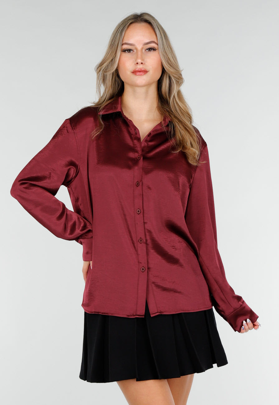 Bordeaux Satijnlook Blouse met Lange Mouwen en Knoopsluiting
