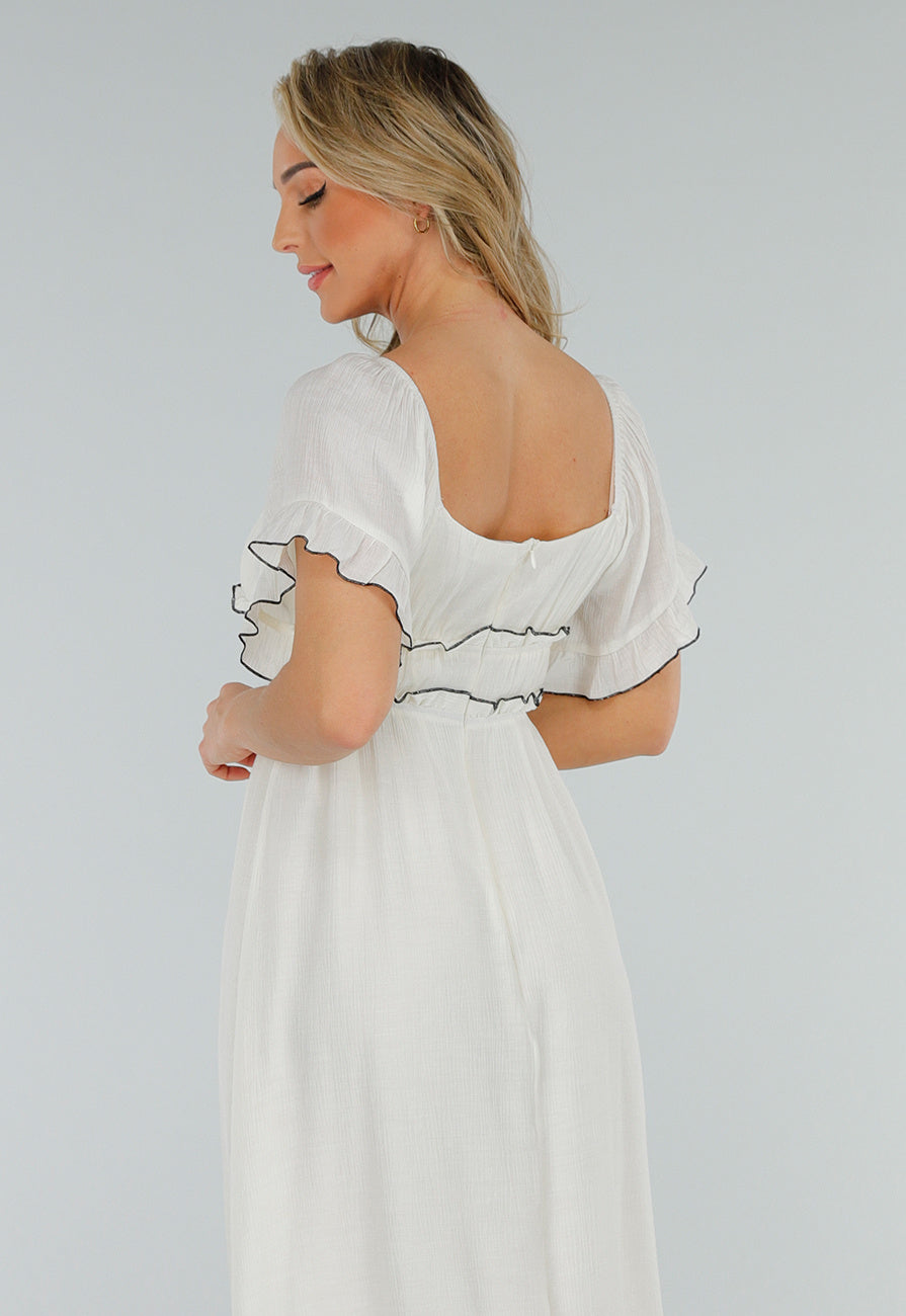 Witte Off Shoulder Maxi Jurk met Ruches en Elastische Tailleband