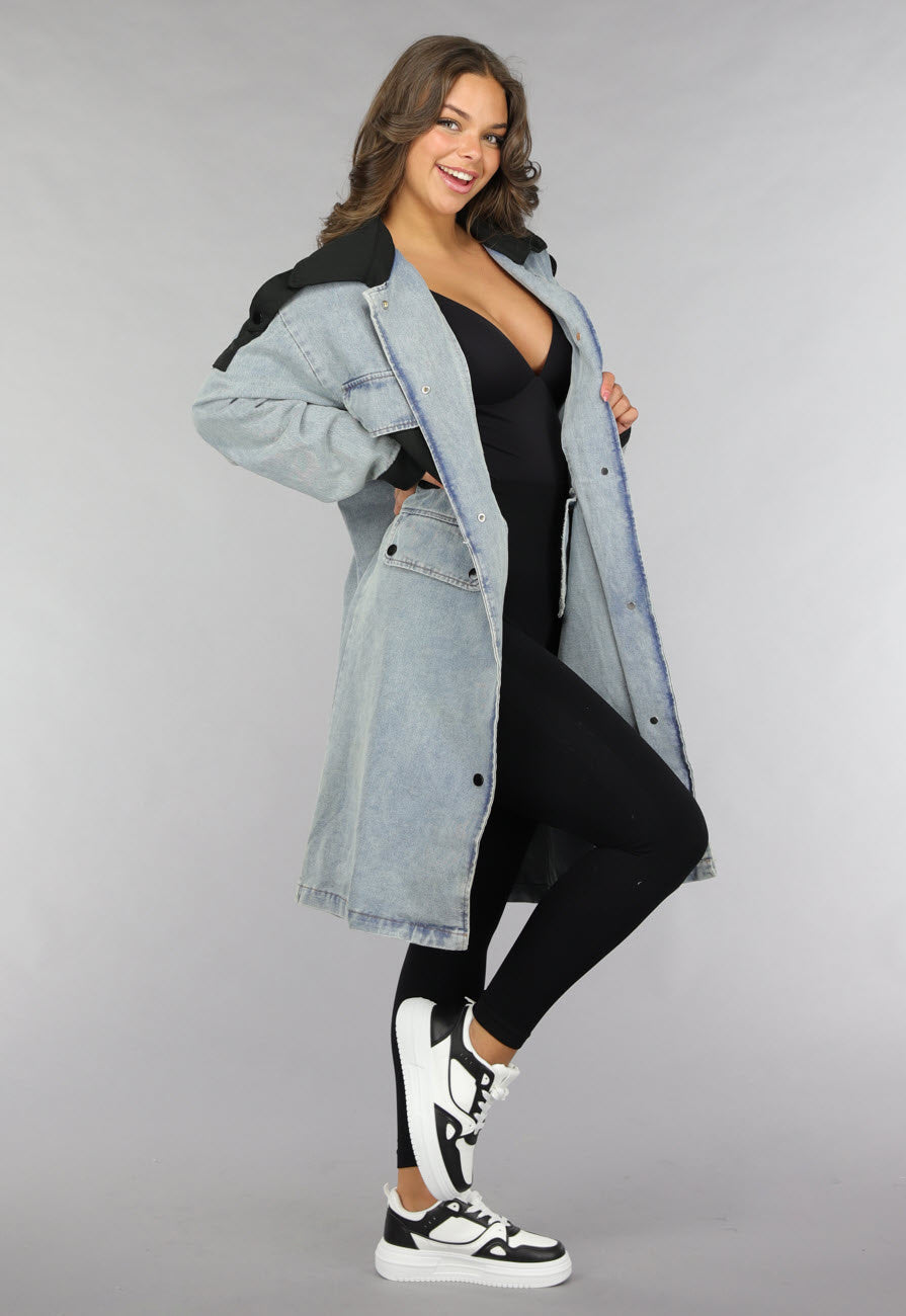 Denim Mantel Jas met Zwarte Details