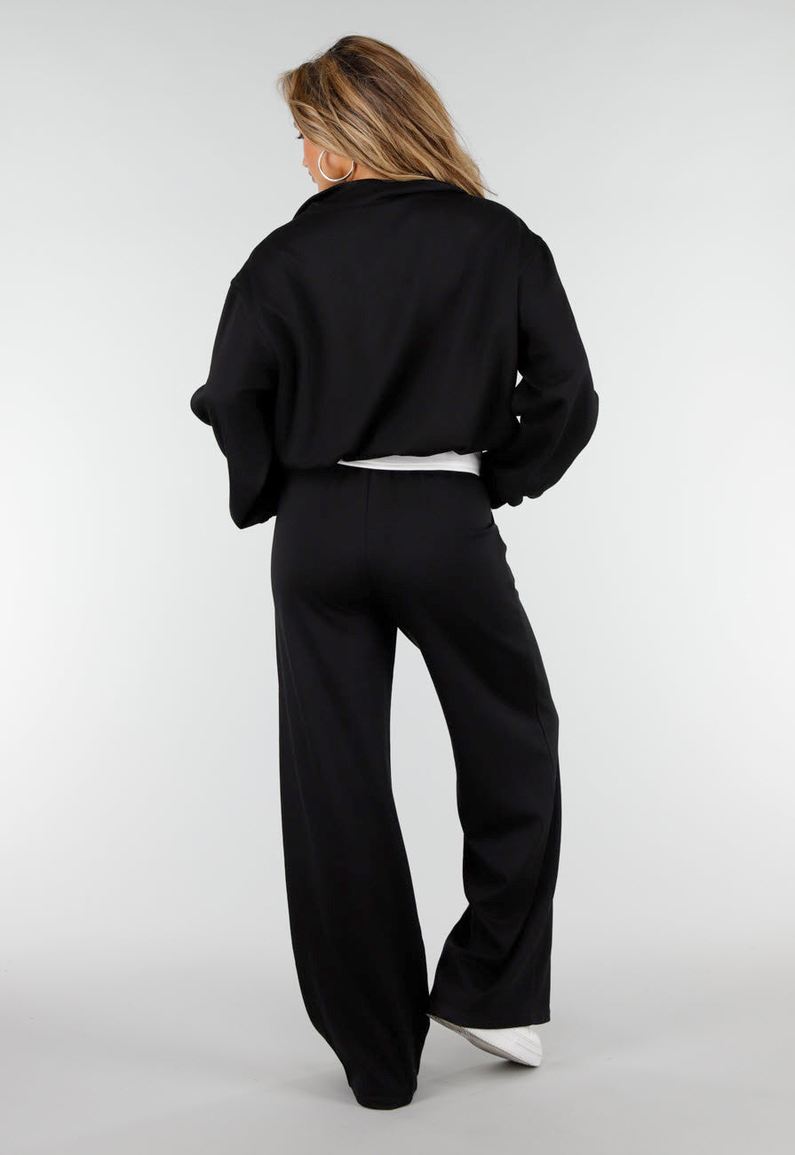 Zwarte Wide Leg Joggingbroek met Elastische Taille en Stretch