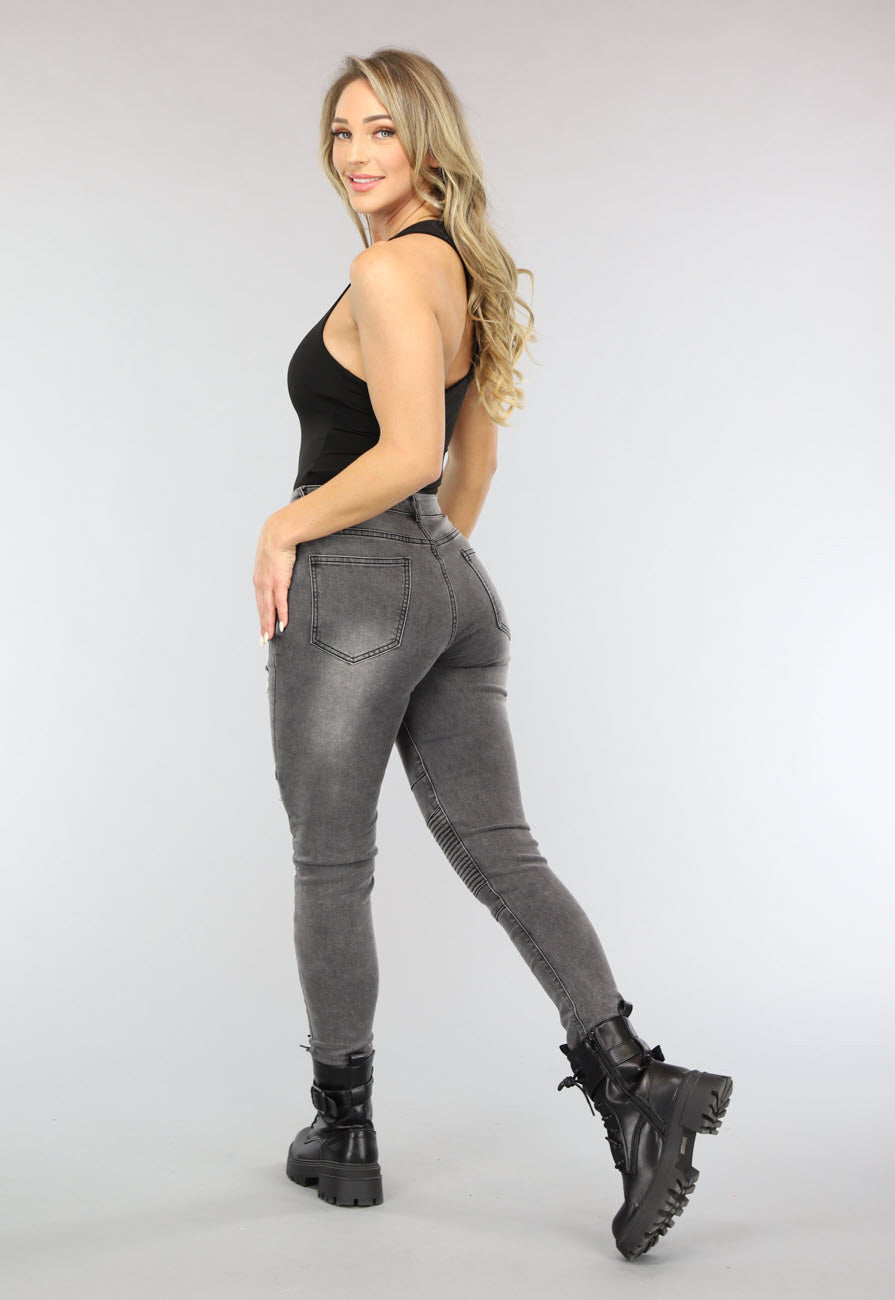 Grijze Ripped Skinny Jeans met Rib Detail