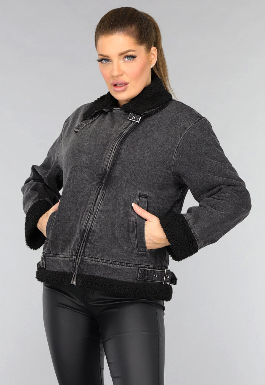 Grijze Denim Lammy Coat met Gesp Details