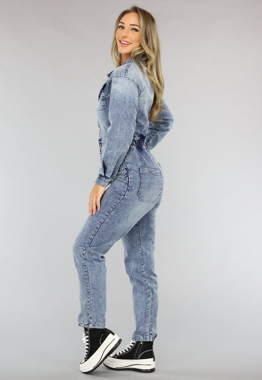 Denim Jumpsuit met Pofmouwen