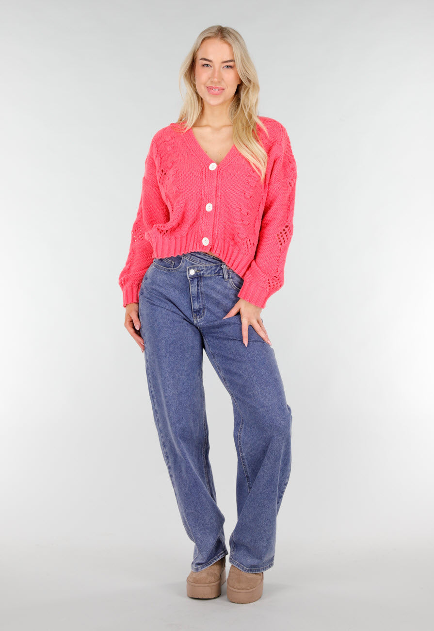 Roze Gebreid Vest met V-Hals en Knoopsluiting