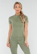 Khaki Sportset met Cargo Zakken, Ritsjack en High-Waisted Legging