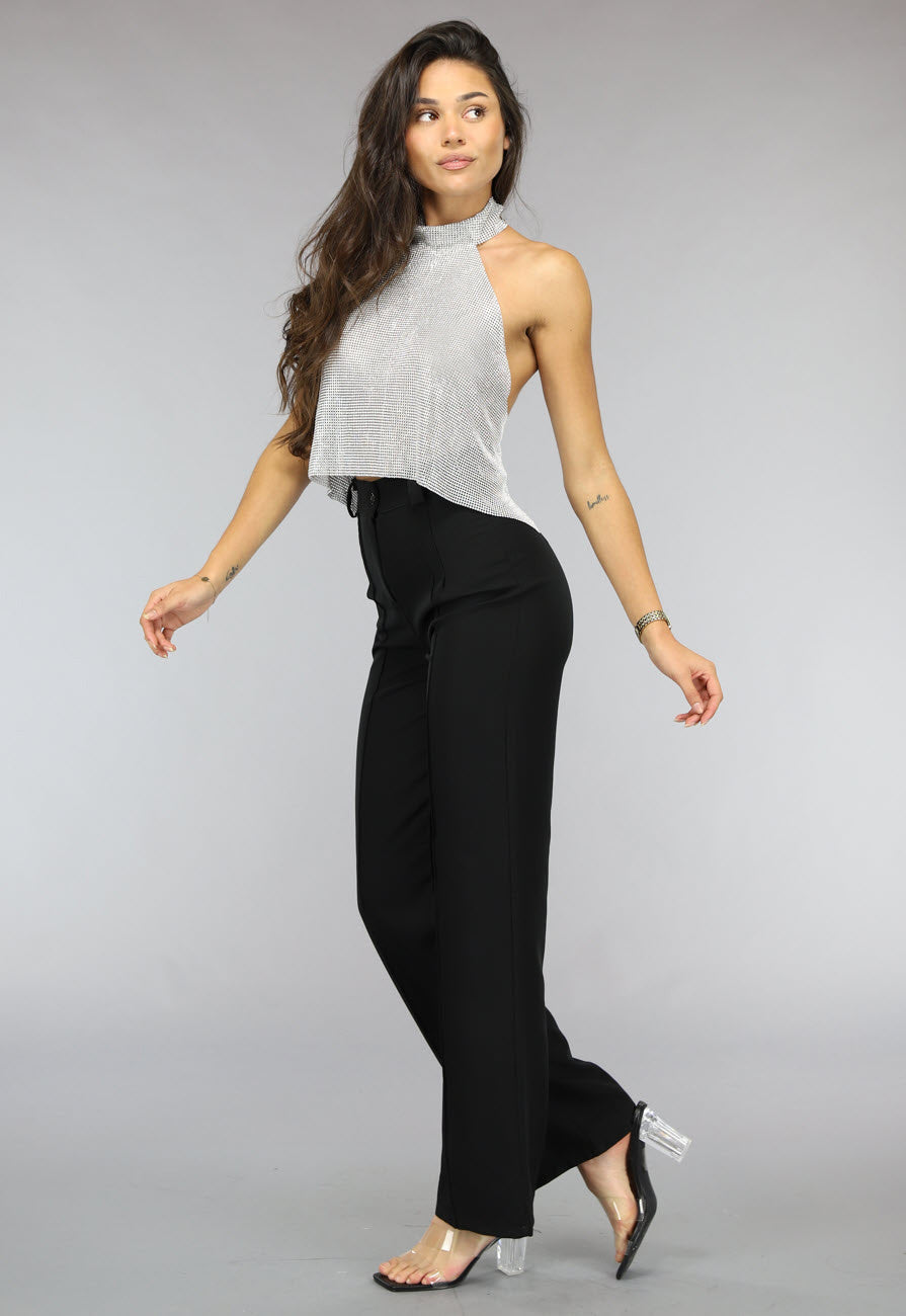 Zilveren Halter Glitter Chain Top met Open Rug