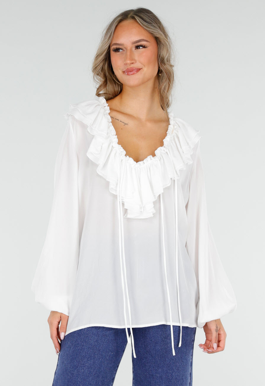 Witte Blouse met Ruches en Vetersluiting bij de Hals