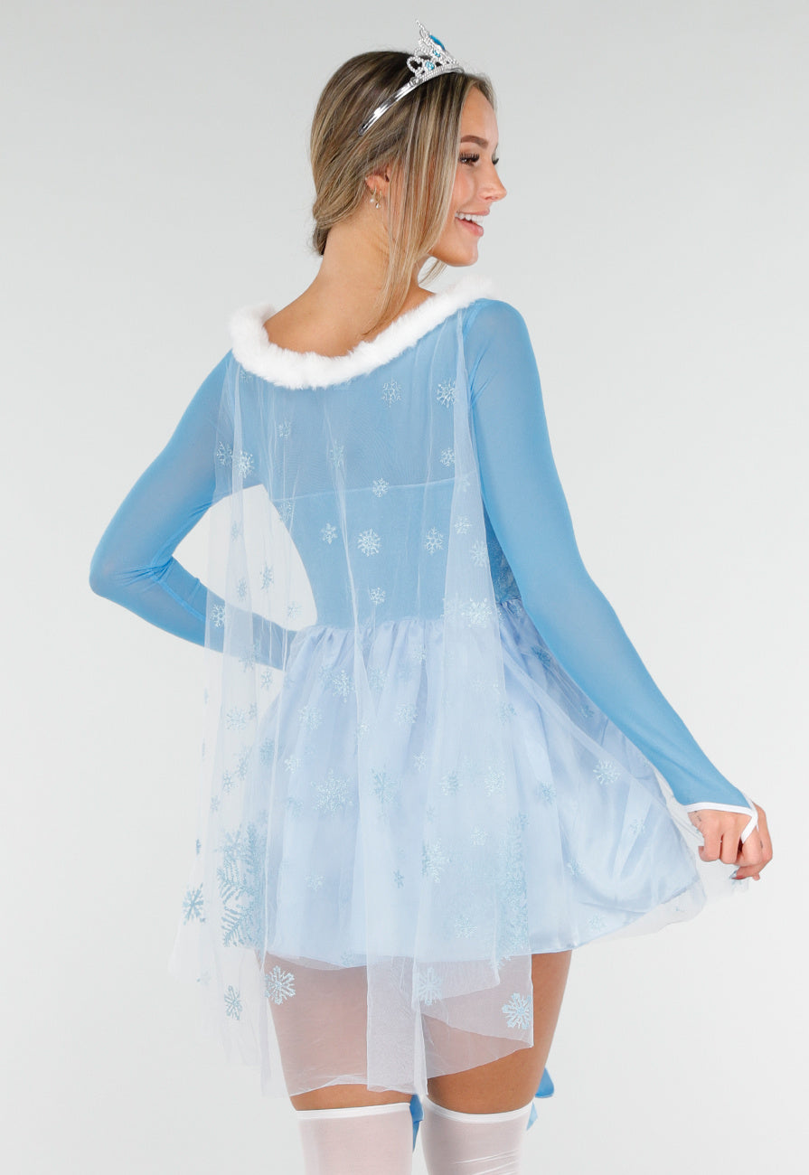 IJsprinses Kostuum met Blauw Jurkje Sneeuwvlokken Cape en Stretch