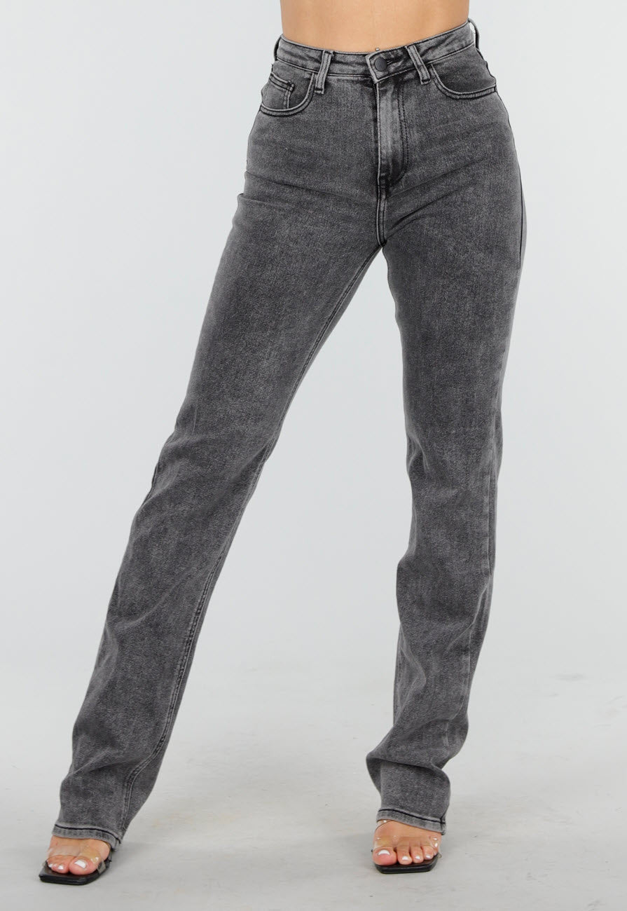 Grijze High Waist Straight Leg Stretch Jeans met Subtiele Wassing
