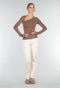 Bruine Asymmetrische Stretch Top met Lange Mouwen en Rimpeldetail