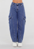 Blauwe Cargo Barrel Jeans met Opgestikte Zakken