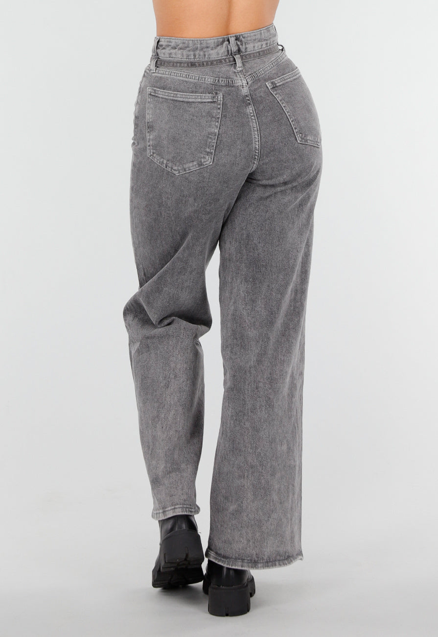 Redial Jeans  Grijze Wide Leg Stretch Jeans met Hoge Taille en Strikceintuur