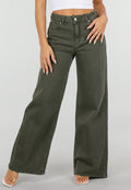 Olijfgroene Wide Leg Jeans met Hoge Taille en Lichte Stretch