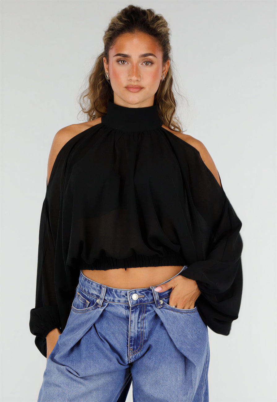 Zwarte Cold Shoulder Crop Top met Col en Lange Ballonmouwen
