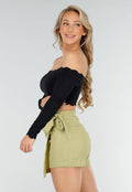 Zwarte Off Shoulder Crop Top met Lange Mouwen en Pads