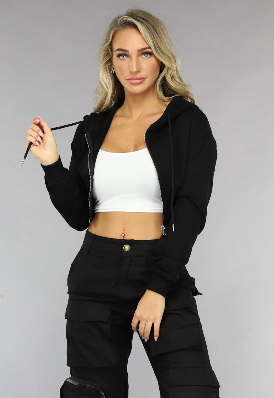 Zwart Cropped Korset Look Vestje met Capuchon