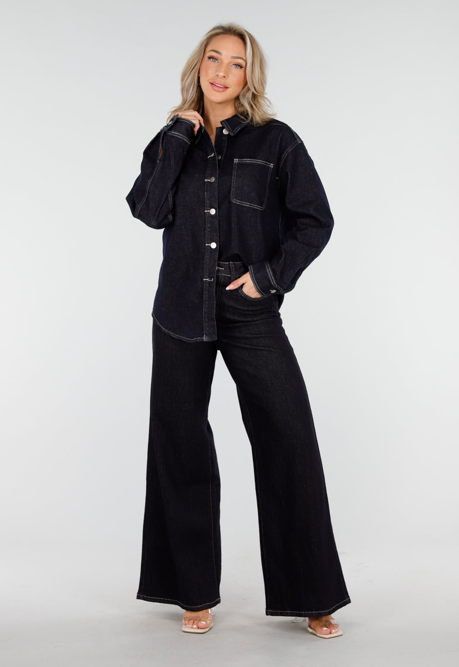 Redial Jeans  Donkerblauwe Flared Jeans met High Waist en Contrasterende Stiksels