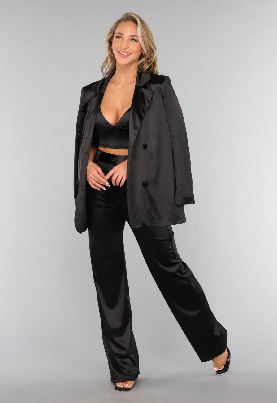 Zwarte Satijnen Straight Leg Stretch Pantalon