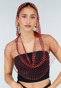 Rode Fishnet Top met Capuchon en Strass Steentjes