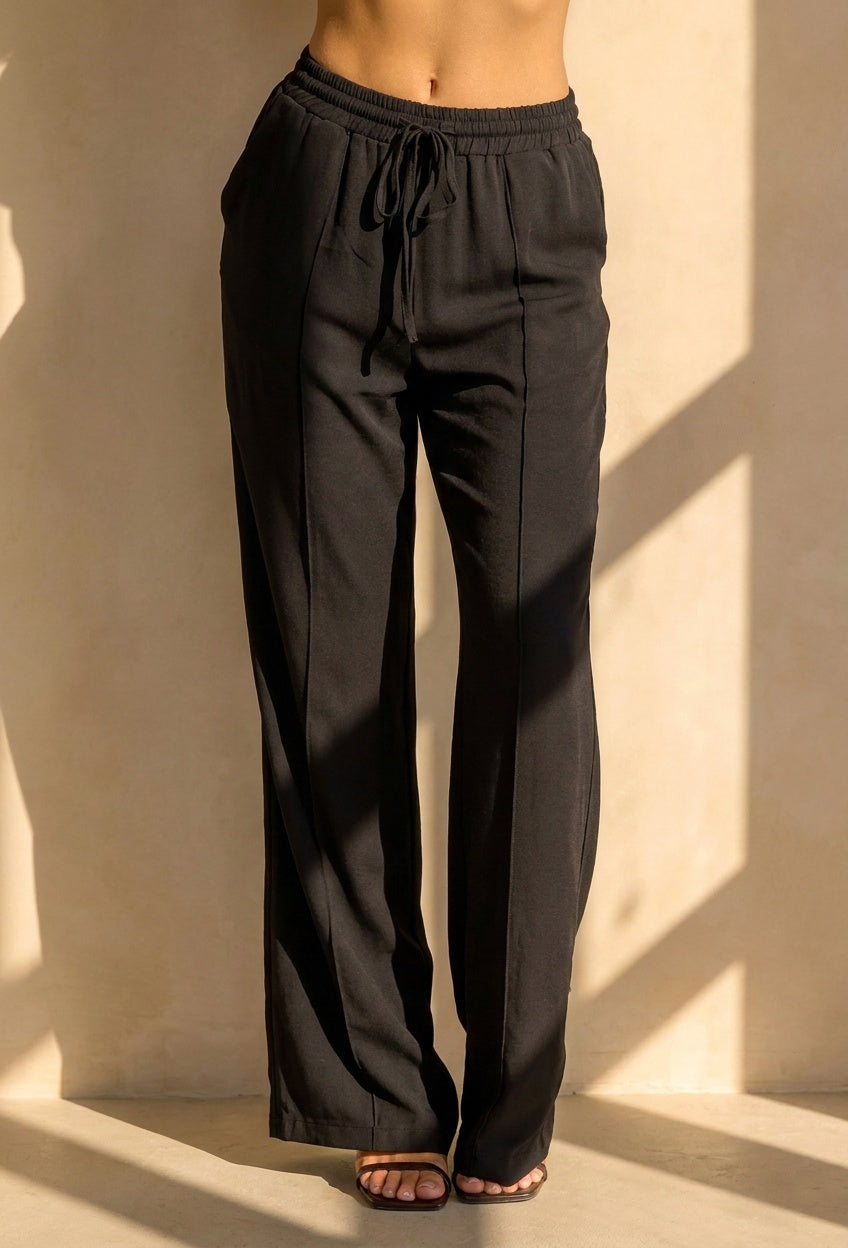Zwarte Wide Leg Broek met Elastische Taille en Strikkoord