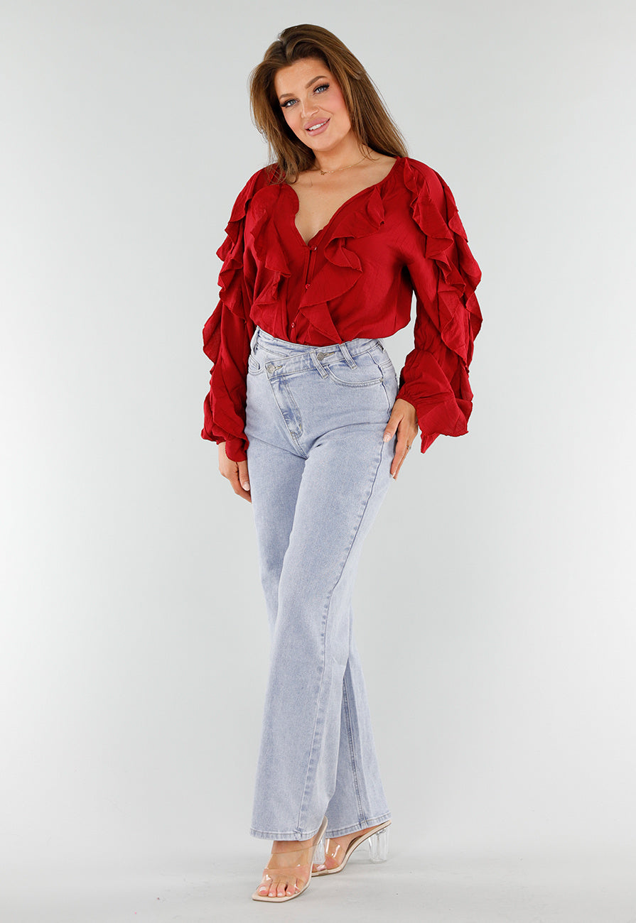 Rode Blouse met Volants en Losvallende Ballonmouwen