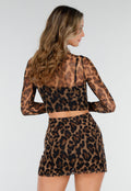 Leopard Mesh Crop Top met Lange Mouwen en Hoge Hals
