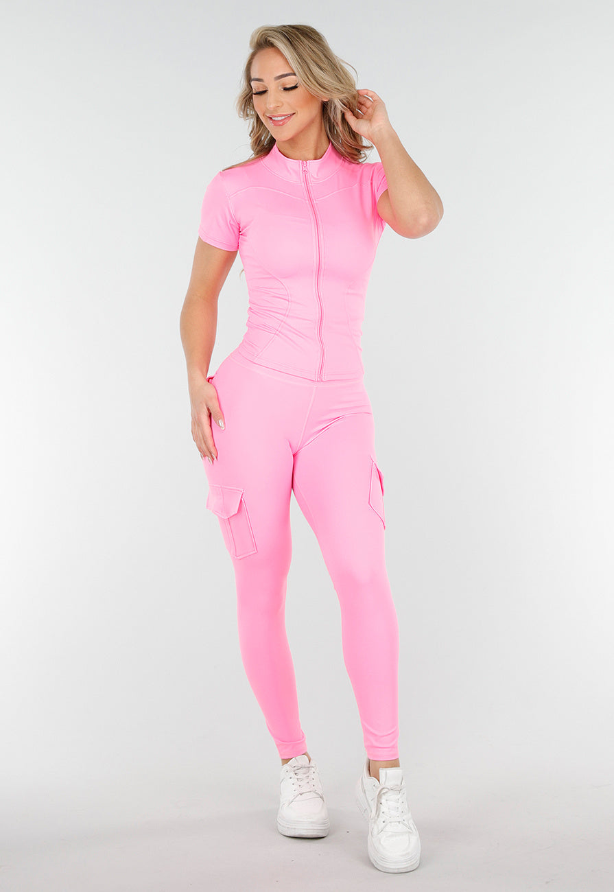 Roze Cargo Trainingspak met Scrunch, Korte Mouwen en Rits