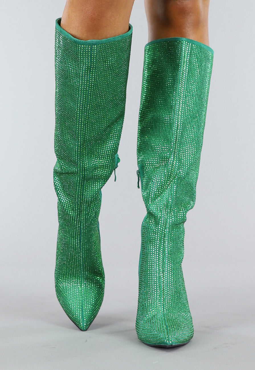 Lange Groene Glitter Laarzen met Stiletto Hak