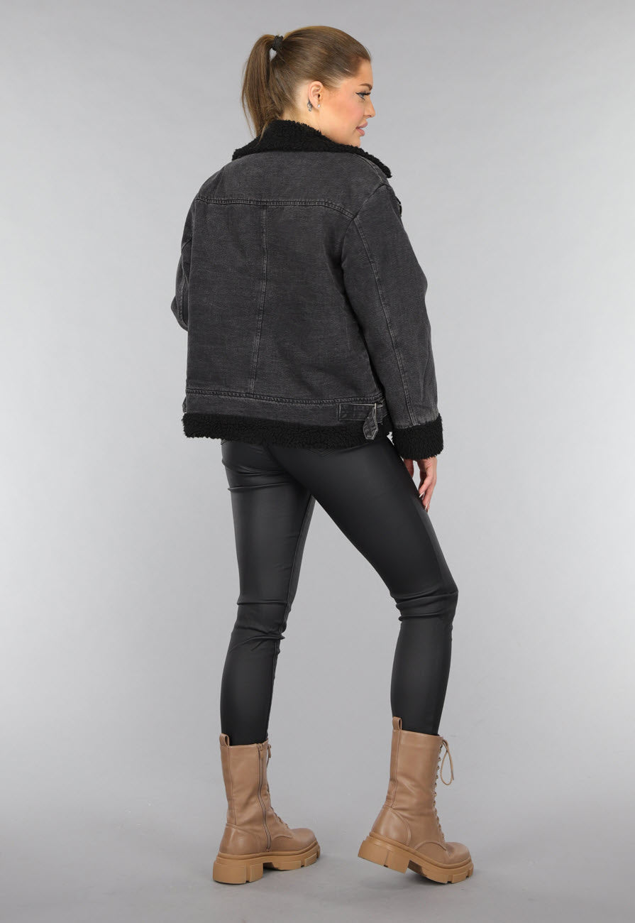 Grijze Denim Lammy Coat met Gesp Details