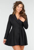 Zwarte Pinstripe Blazerjurk met Lange Mouwen, Kraag en Knoopsluiting
