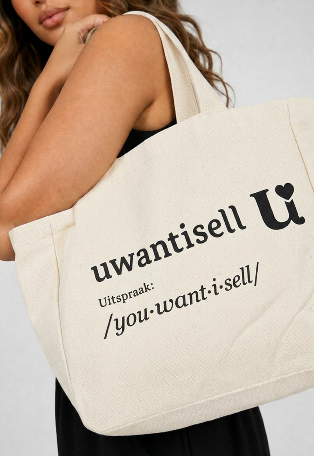 Uwantisell™ Crème Canvas Shopper met Dubbele Schouderhengsels en Opdruk