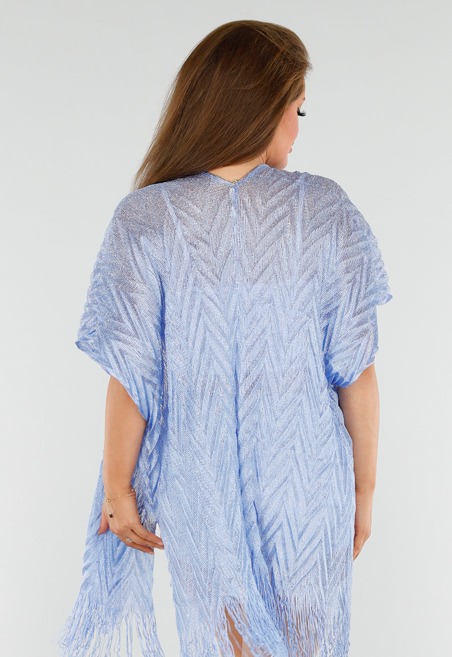 Lichtblauwe Cover-Up met Fringes en Zijsplitten