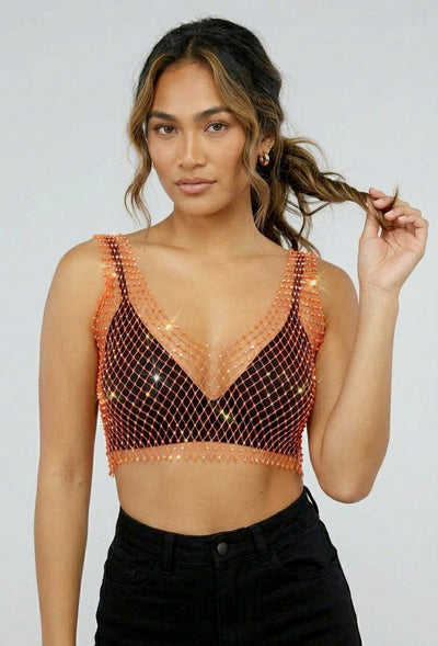 Oranje Fishnet Topje met Strass