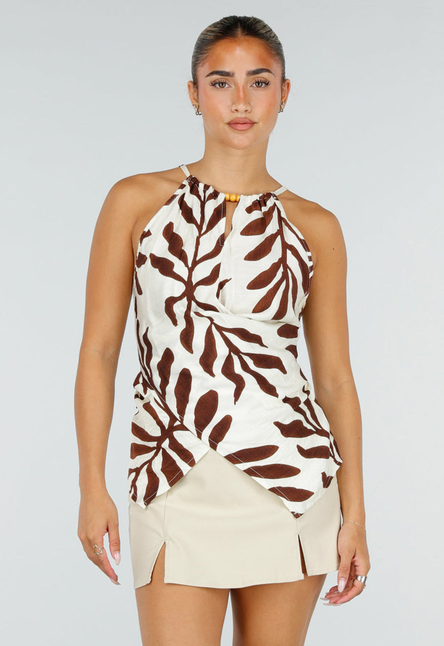 Beige Halter Top met Bladerenprint en Striksluiting op de Rug