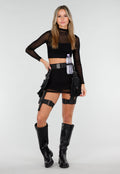 Zwarte Mesh Skort met Stretch en Riemlussen